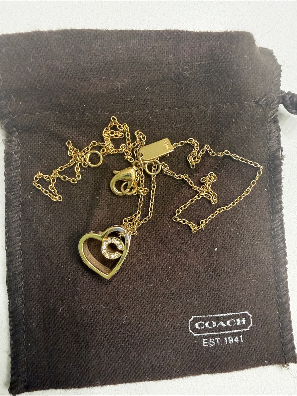 Coach Gold Heart Pendant Necklace with Crystal CC Accent on Chain